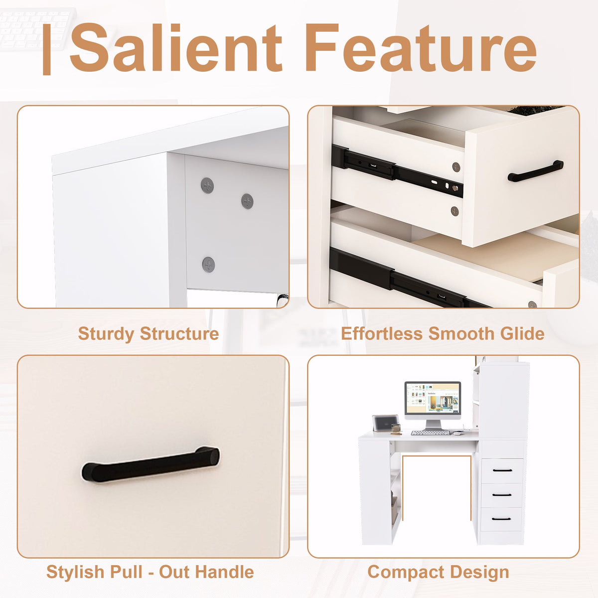 White Computer Desk with 4-in-1 Socket and Storage