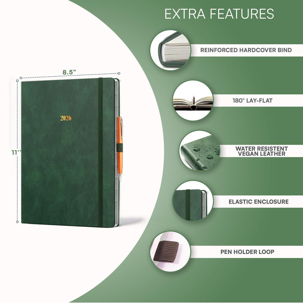 2026 Hardcover Appointment Book Planner 8.5 x 11 inch Dark Green Large Tabbed Daily Hourly Weekly Planner Schedule Book 15 Minute time Slots Business & Personal Planner Jan 2026 Dec 2026 Dark Green