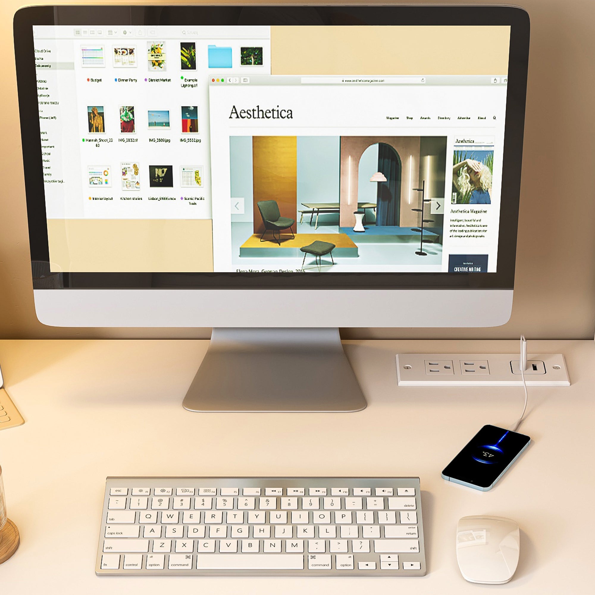 White Computer Desk with 4-in-1 Socket and Storage