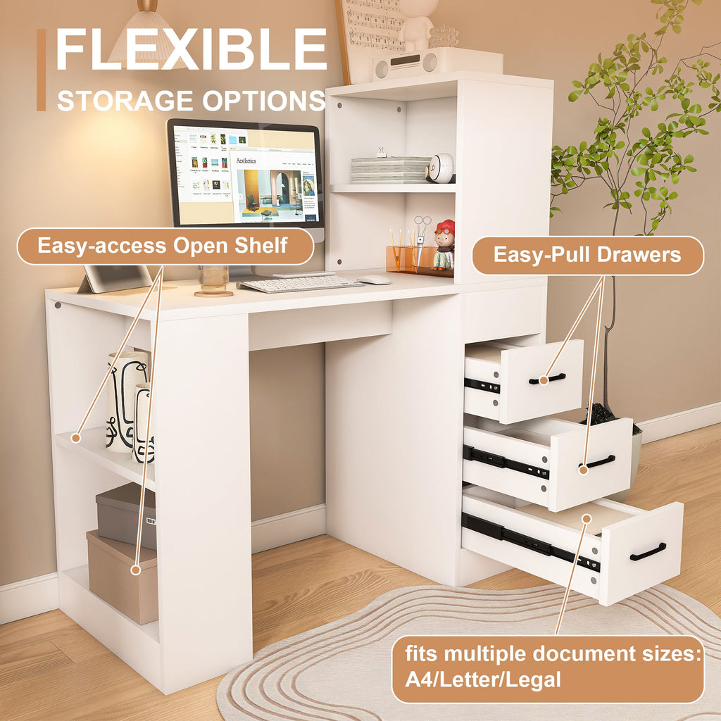 White Computer Desk with 4-in-1 Socket and Storage