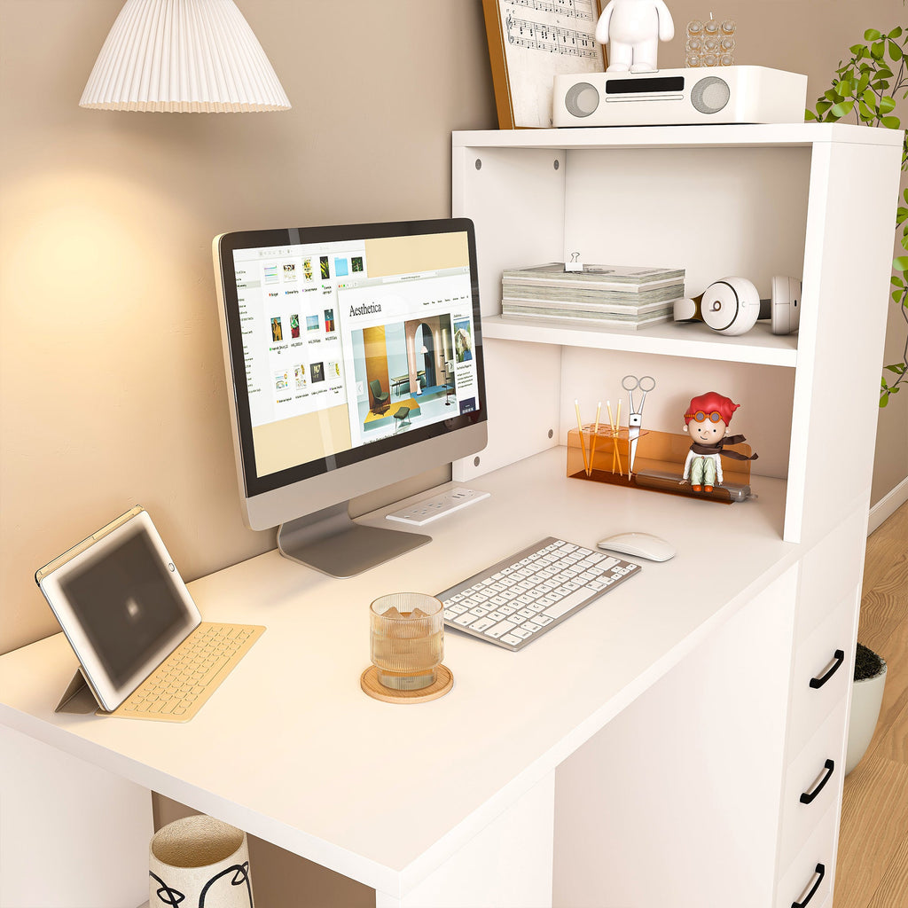 White Computer Desk with 4-in-1 Socket and Storage