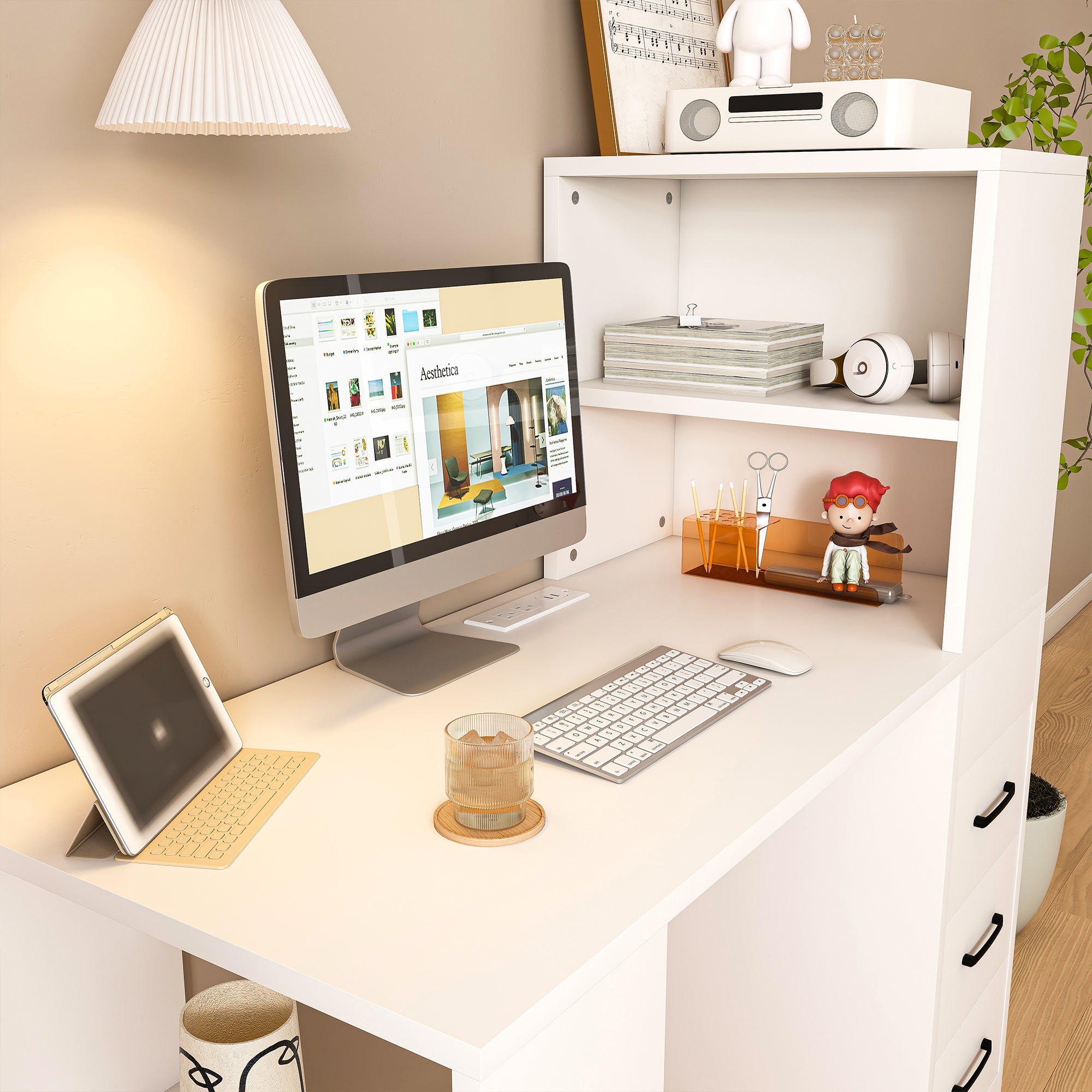 White Computer Desk with 4-in-1 Socket and Storage