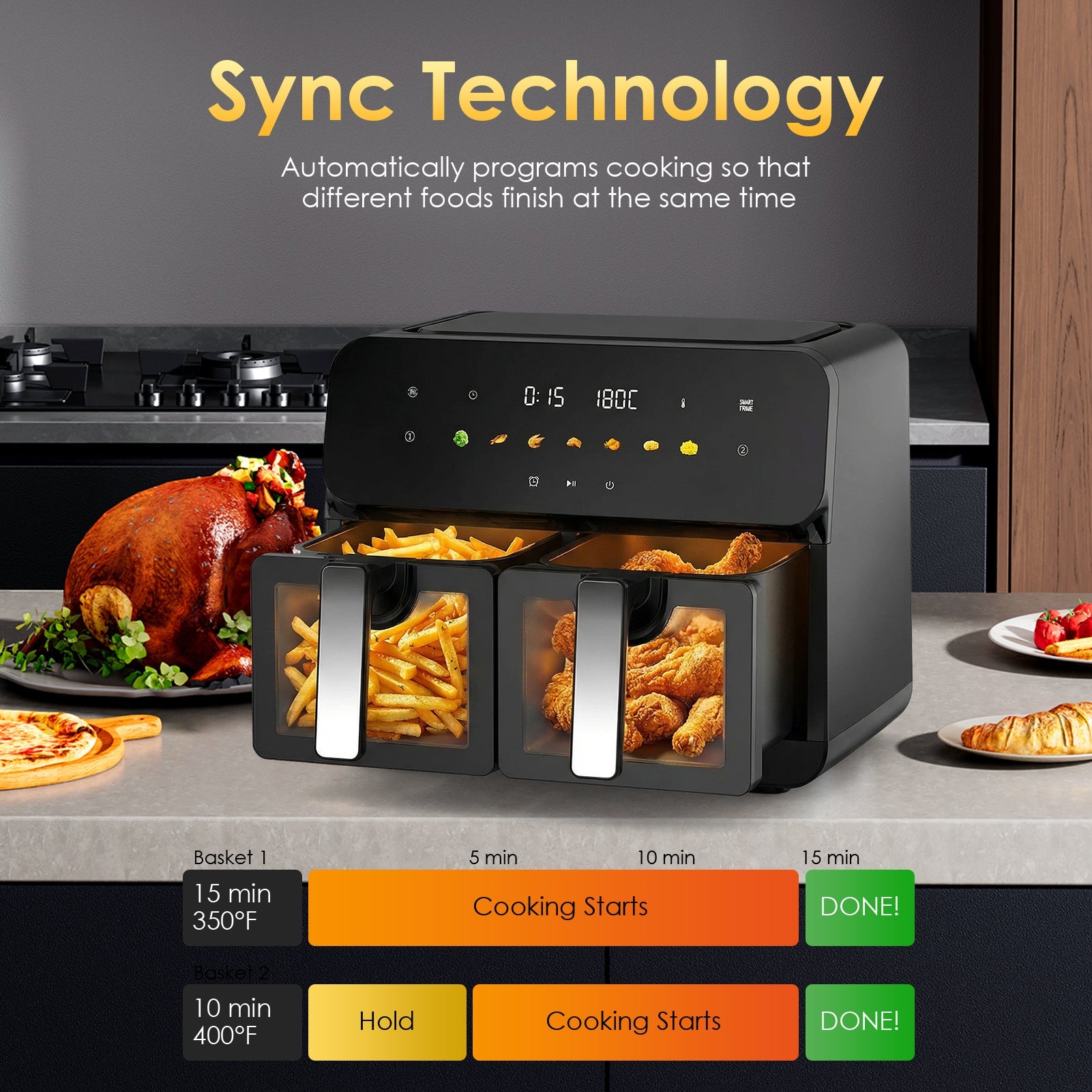10QT Dual Air Fryer - Double Basket Air Fryer with Touchscreen Control