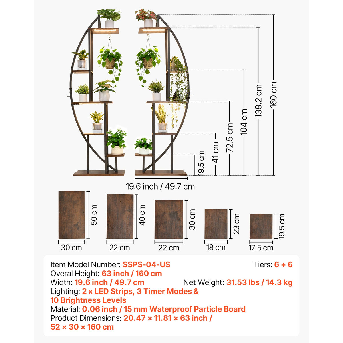 63" Tall 6-Tier Indoor Plant Stand with Grow Lights
