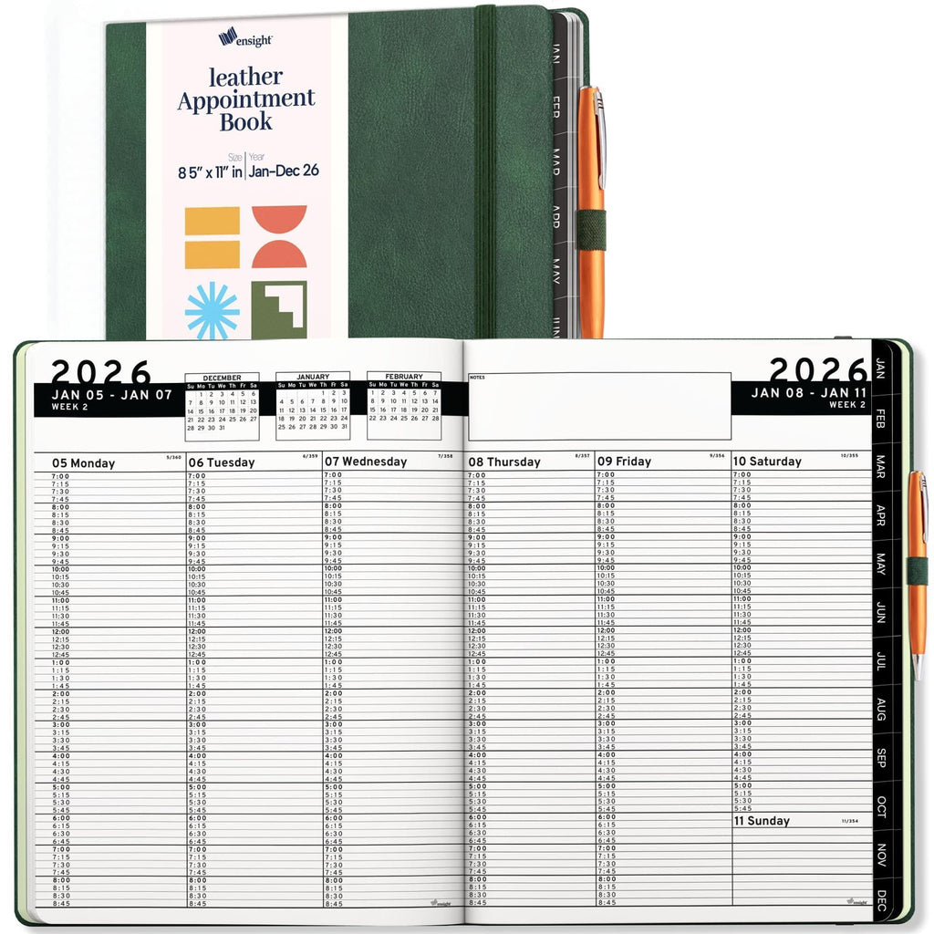 2026 Hardcover Appointment Book Planner 8.5 x 11 inch Dark Green Large Tabbed Daily Hourly Weekly Planner Schedule Book 15 Minute time Slots Business & Personal Planner Jan 2026 Dec 2026 Dark Green