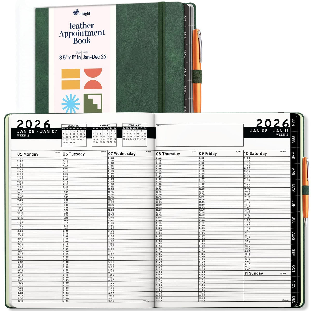 2026 Hardcover Appointment Book Planner 8.5 x 11 inch Dark Green Large Tabbed Daily Hourly Weekly Planner Schedule Book 15 Minute time Slots Business & Personal Planner Jan 2026 Dec 2026 Dark Green