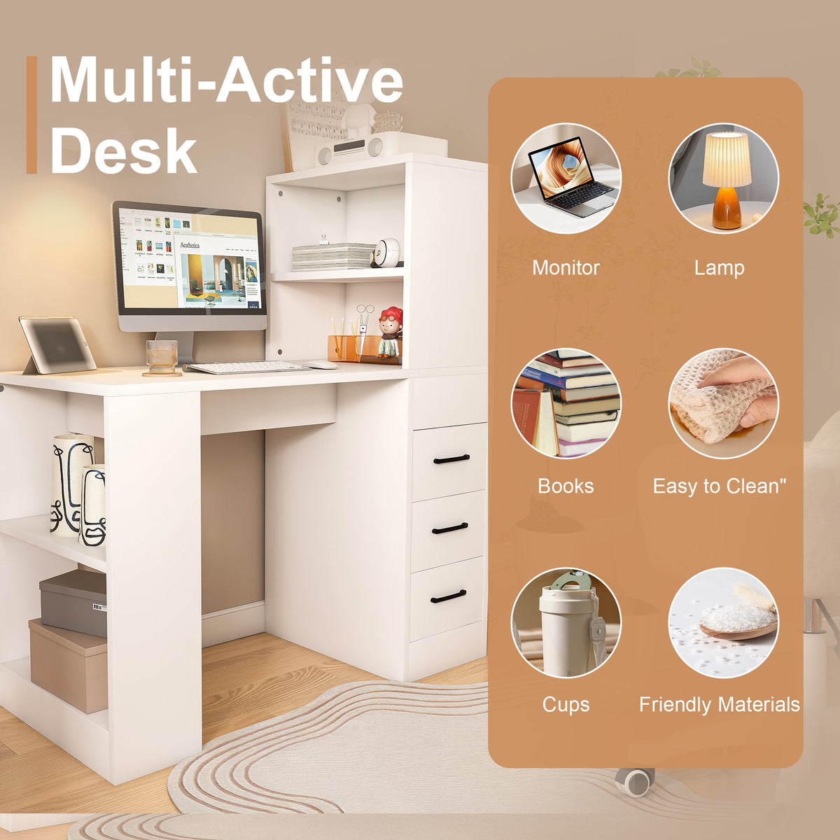 White Computer Desk with 4-in-1 Socket and Storage