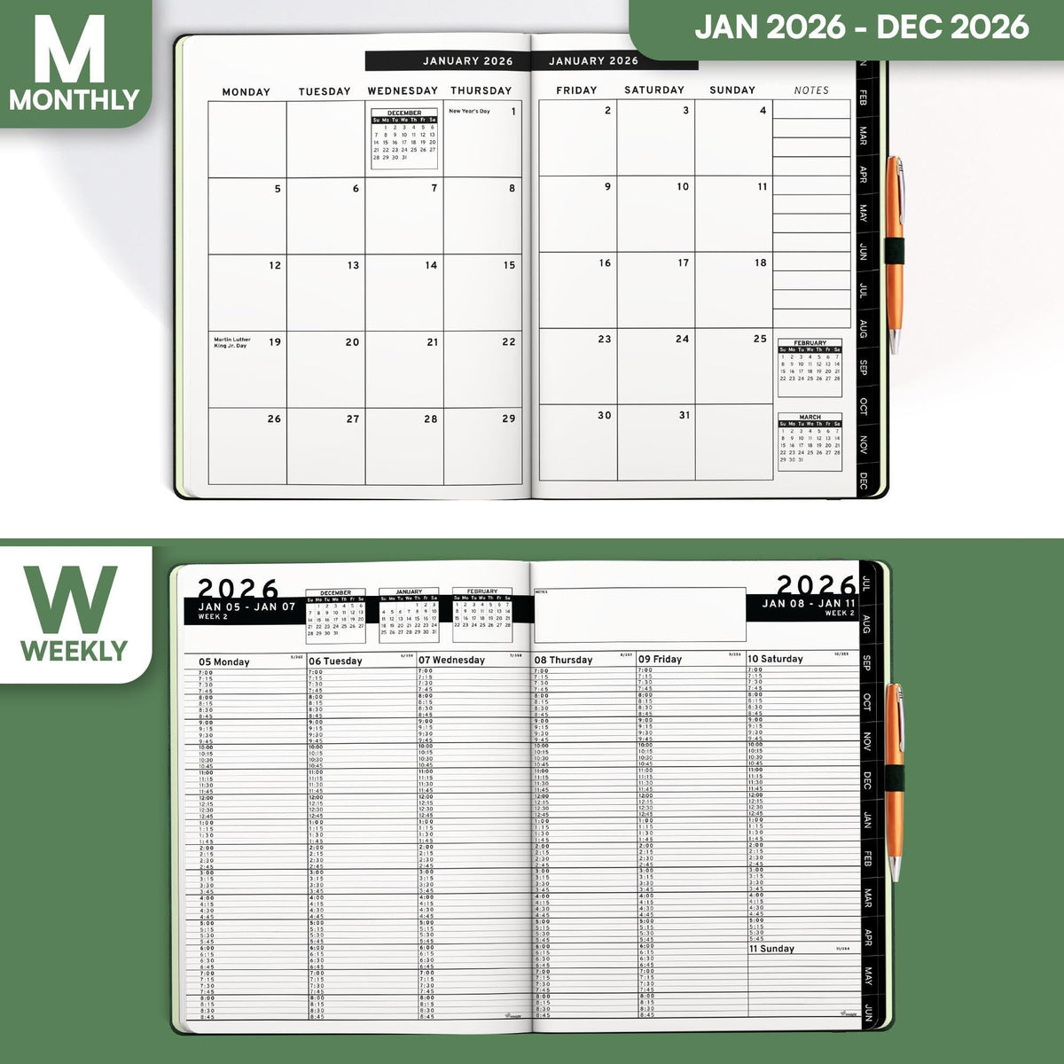 2026 Hardcover Appointment Book Planner 8.5 x 11 inch Dark Green Large Tabbed Daily Hourly Weekly Planner Schedule Book 15 Minute time Slots Business & Personal Planner Jan 2026 Dec 2026 Dark Green